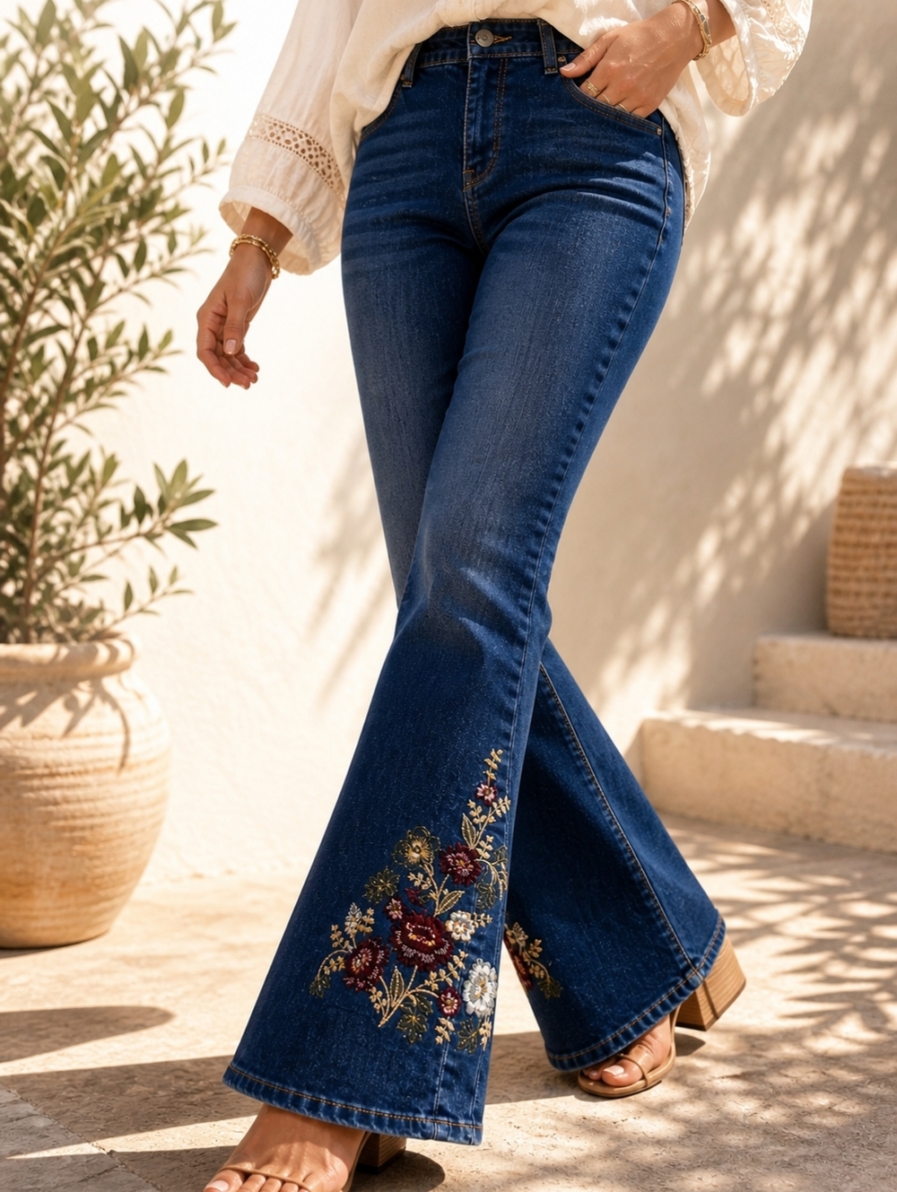 Women’s Dark Blue Embroidered Boot Cut Jeans